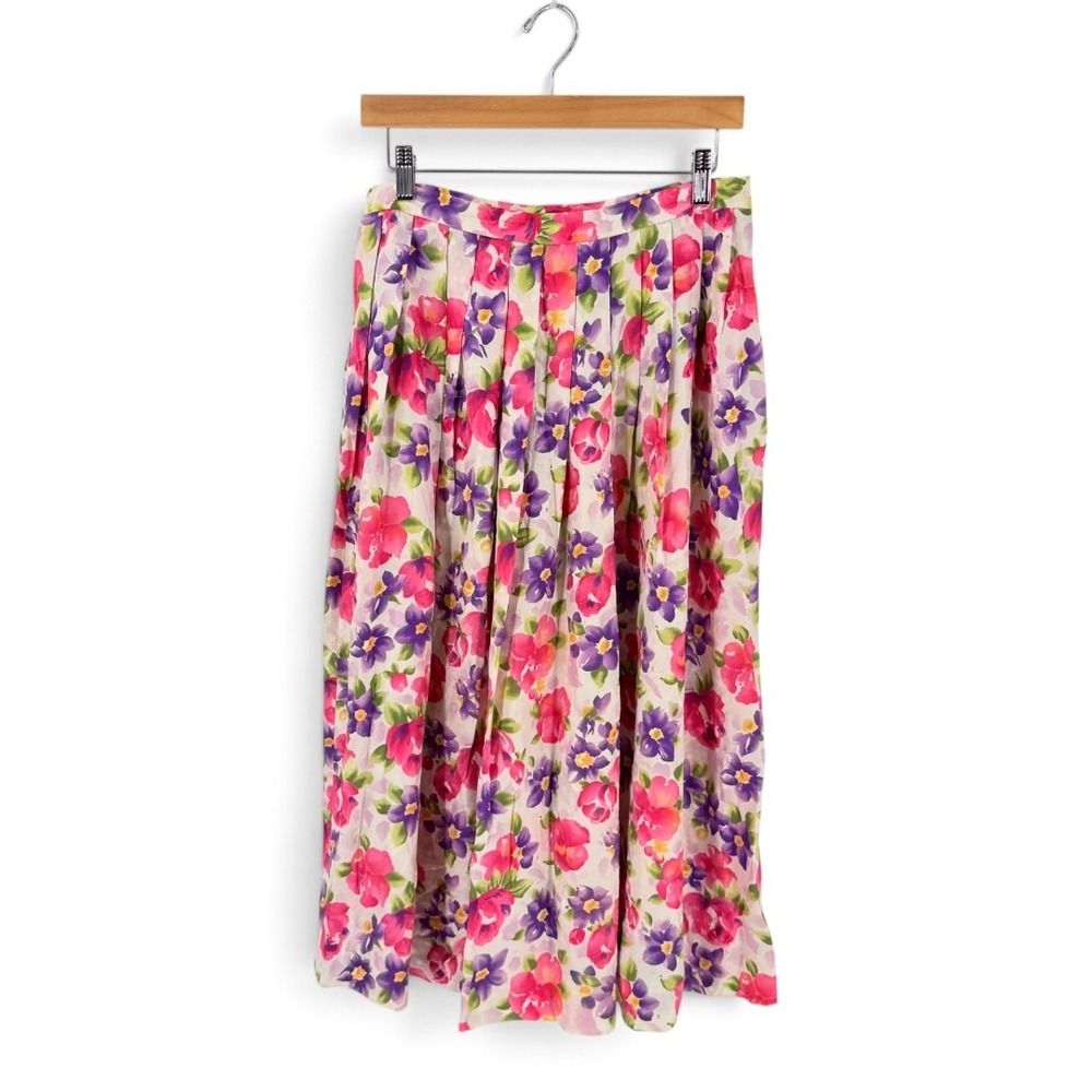 Vintage Talbots Floral 100% Silk Pleated A-Line Midi Skirt Side Zip Size 10